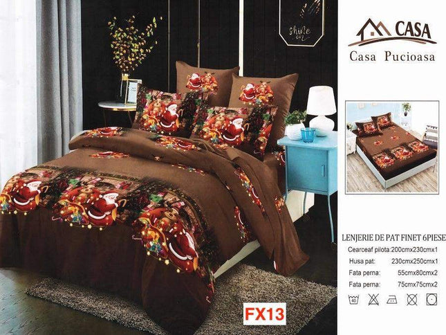 Lenjerie pat de Craciun, pat dublu, bumbac finet, 6 piese cod AL564 - Casa Super
