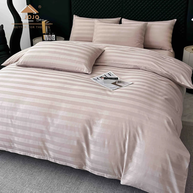 Lenjerie de pat Damasc 100% Bumbac 6 Piese, Cearsaf cu Elastic, Champagne