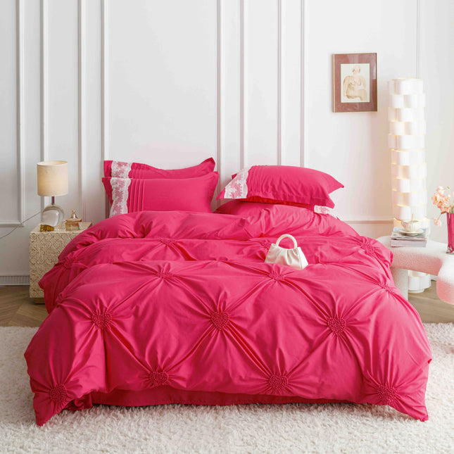 Lenjerie de Pat Dublu,Bumbac Finet, Inimi Brodate,6 piese Magenta - Casa Super