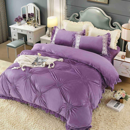 Lenjerie Pat Dublu din Catifea,Brodata cu Inimi -Premium Deluxe -Mov - Casa Super