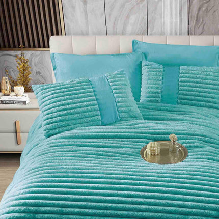 Set PREMIUM Pilota Pufoasa Cocolino, din Blanita artificiala de Iepure 6 Piese 200x230 cm,Turcoaz - Casa Super