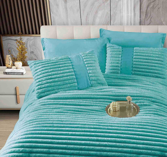 Set PREMIUM Pilota Pufoasa Cocolino, din Blanita artificiala de Iepure 6 Piese 200x230 cm,Turcoaz - Casa Super