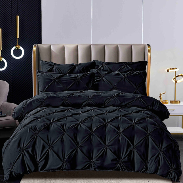 Set Lenjerie Brodata Uni, Model cu Pliuri, Bumbac Finet, 6 Piese, Pat 2 Persoane - Negru Onix,Cod BR18