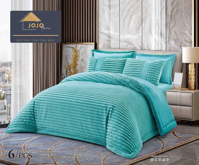 Set PREMIUM Pilota Pufoasa Cocolino, din Blanita artificiala de Iepure 6 Piese 200x230 cm,Turcoaz - Casa Super