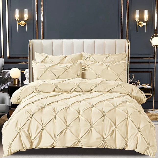 Set Lenjerie Brodata Uni, Model cu Pliuri, Bumbac Finet, 6 Piese, Pat 2 Persoane –Crema de Vanilie,Cod BR10