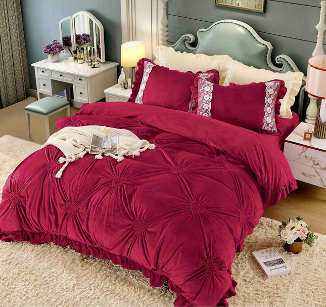 Lenjerie Pat Dublu din Catifea,Brodata cu Inimi -Premium Deluxe -Bordo Rubin - Casa Super