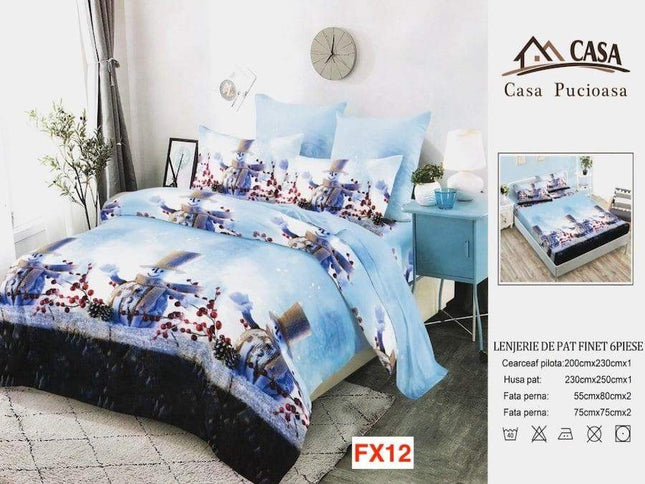 Lenjerie pat de Craciun, pat dublu, bumbac finet, 6 piese cod AL565 - Casa Super