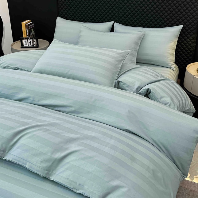 Lenjerie de pat Damasc 100% Bumbac 6 Piese, Cearsaf cu Elastic, Verde Menta