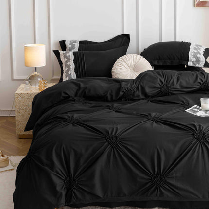 Lenjerie de Pat Dublu,Bumbac Finet, Inimi Brodate,6 piese Negru Onix - Casa Super