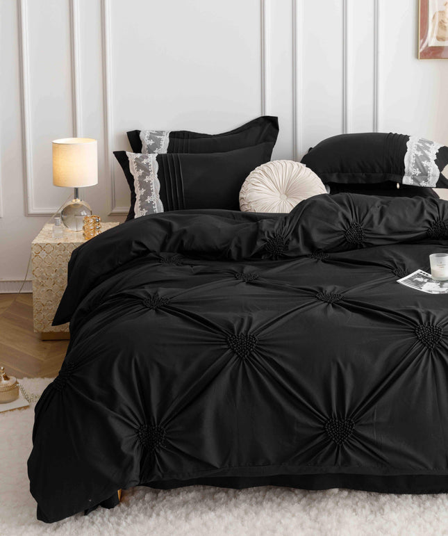 Lenjerie de Pat Dublu,Bumbac Finet, Inimi Brodate,6 piese Negru Onix - Casa Super
