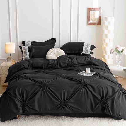 Lenjerie de Pat Dublu,Bumbac Finet, Inimi Brodate,6 piese Negru Onix - Casa Super