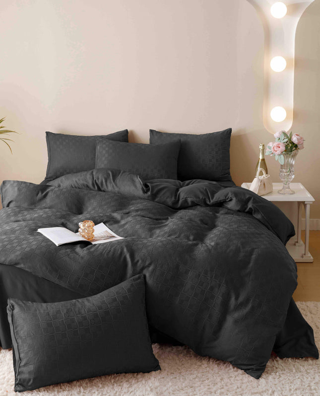 Lenjerie de Pat Dublu Jacquard Finet 6 Piese - Negru - Casa Super