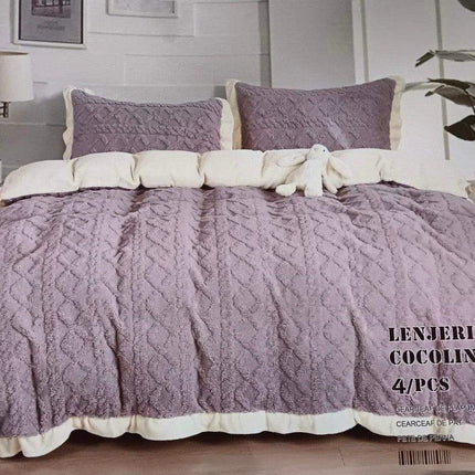 Lenjerie Groasa Pat Cocolino 4Piese -Husa Pat,Cearcaf Plapuma+ 2 Fete Perna-Model Tricot |Cod 127 - Casa Super