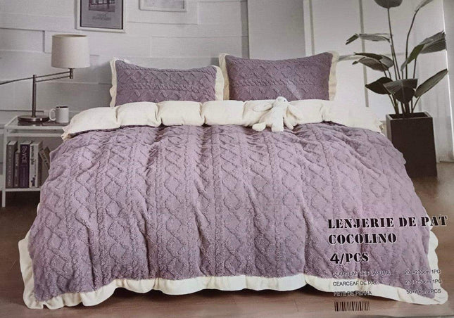 Lenjerie Groasa Pat Cocolino 4Piese -Husa Pat,Cearcaf Plapuma+ 2 Fete Perna-Model Tricot |Cod 127 - Casa Super