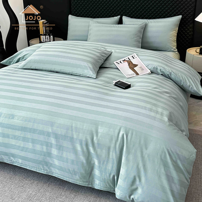 Lenjerie de pat Damasc 100% Bumbac 6 Piese, Cearsaf cu Elastic, Verde Menta