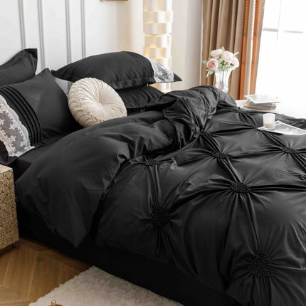 Lenjerie de Pat Dublu,Bumbac Finet, Inimi Brodate,6 piese Negru Onix - Casa Super