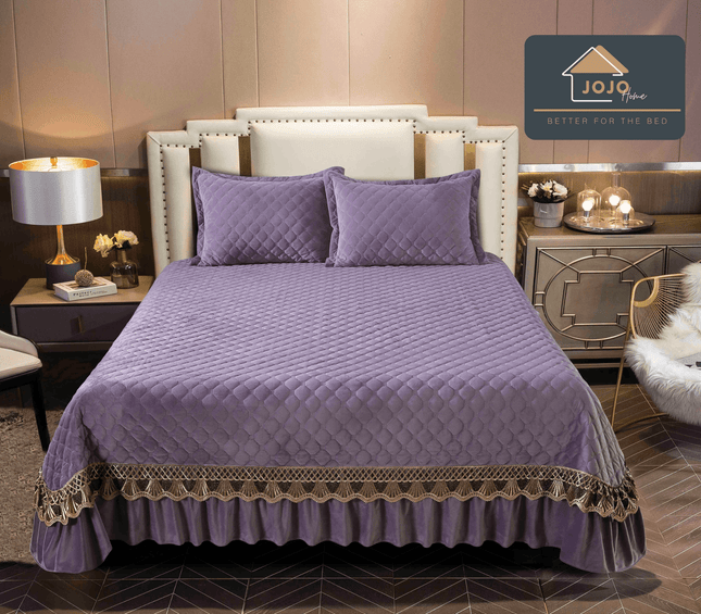 Set 3 Piese - Cuvertura Brodata din Catifea 230x250 cm + 2 Fete Perna | Cod CUV15 - Casa Super