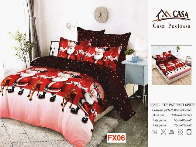 Lenjerie pat de Craciun, pat dublu, bumbac finet, 6 piese cod AL568 - Casa Super