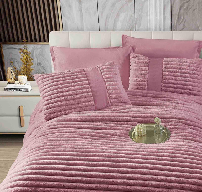 Set PREMIUM Pilota Pufoasa Cocolino, din Blanita artificiala de Iepure 6 Piese 200x230 cm,Roz Perlat - Casa Super