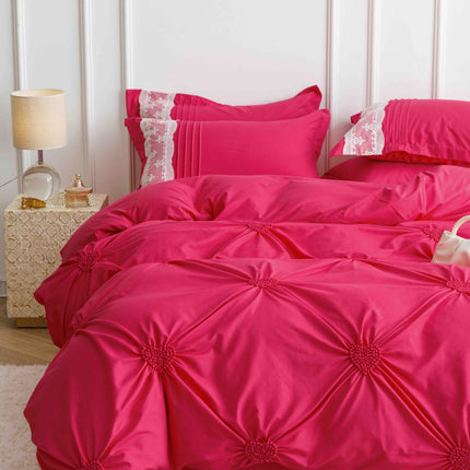 Lenjerie de Pat Dublu,Bumbac Finet, Inimi Brodate,6 piese Magenta - Casa Super