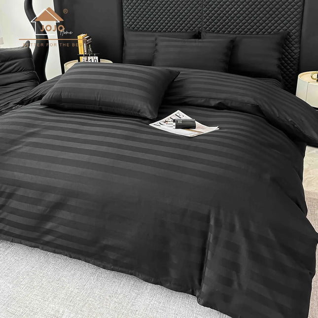 Lenjerie de pat Damasc 100% Bumbac 6 Piese, Cearsaf cu Elastic, Negru