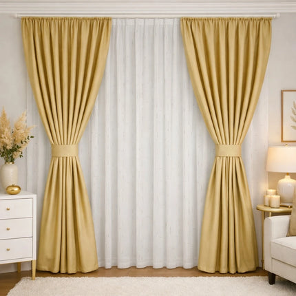 Set Aurora Gold - Perdea din In Gold Touch si Draperie din Catifea 80% Blackout - Gata Cusute cu Tiv si Rejansa Cod SC17