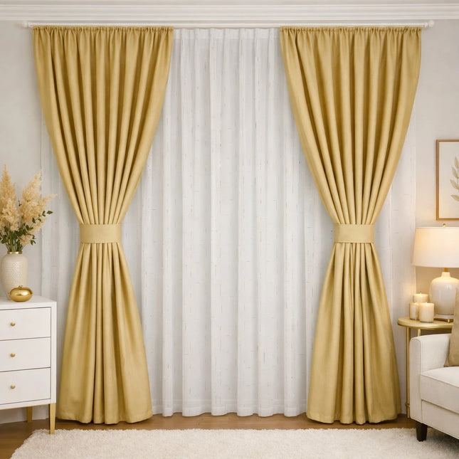 Set Aurora Gold - Perdea din In Gold Touch si Draperie din Catifea 80% Blackout - Gata Cusute cu Tiv si Rejansa Cod SC17