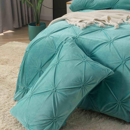 Lenjerie Pat Dublu din Catifea,Brodata cu Pliuri -Premium Deluxe - Turcoaz - Casa Super