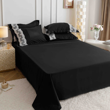 Lenjerie de Pat Dublu,Bumbac Finet, Inimi Brodate,6 piese Negru Onix - Casa Super