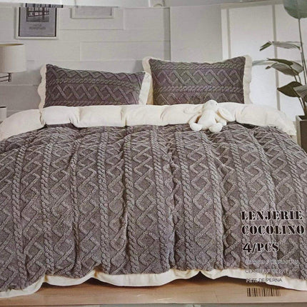 Lenjerie Groasa Pat Cocolino 4Piese -Husa Pat,Cearcaf Plapuma+ 2 Fete Perna-Model Tricot |Cod 127 - Casa Super