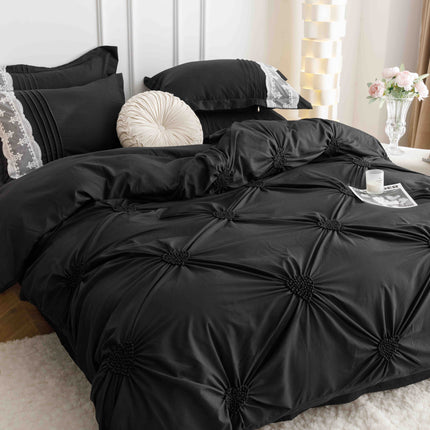 Lenjerie de Pat Dublu,Bumbac Finet, Inimi Brodate,6 piese Negru Onix - Casa Super