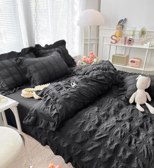 Lenjerie Creponată Cu Volanase 6 Piese din Bumbac Finet – Negru
