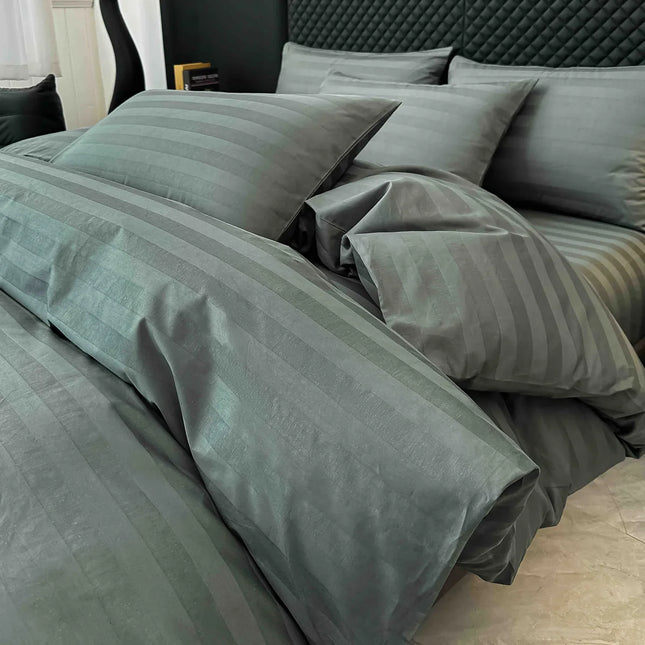 Lenjerie de pat Damasc 100% Bumbac 6 Piese, Cearsaf cu Elastic, Verde Petrol
