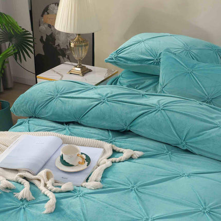 Lenjerie Pat Dublu din Catifea,Brodata cu Pliuri -Premium Deluxe - Turcoaz - Casa Super