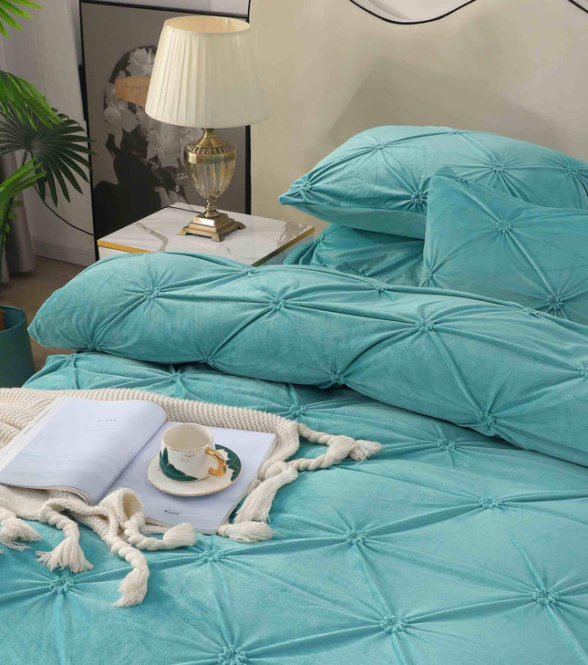 Lenjerie Pat Dublu din Catifea,Brodata cu Pliuri -Premium Deluxe - Turcoaz - Casa Super