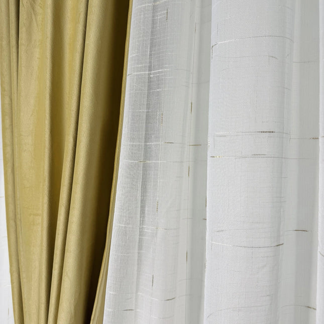 Set Aurora Gold - Perdea din In Gold Touch si Draperie din Catifea 80% Blackout - Gata Cusute cu Tiv si Rejansa Cod SC17