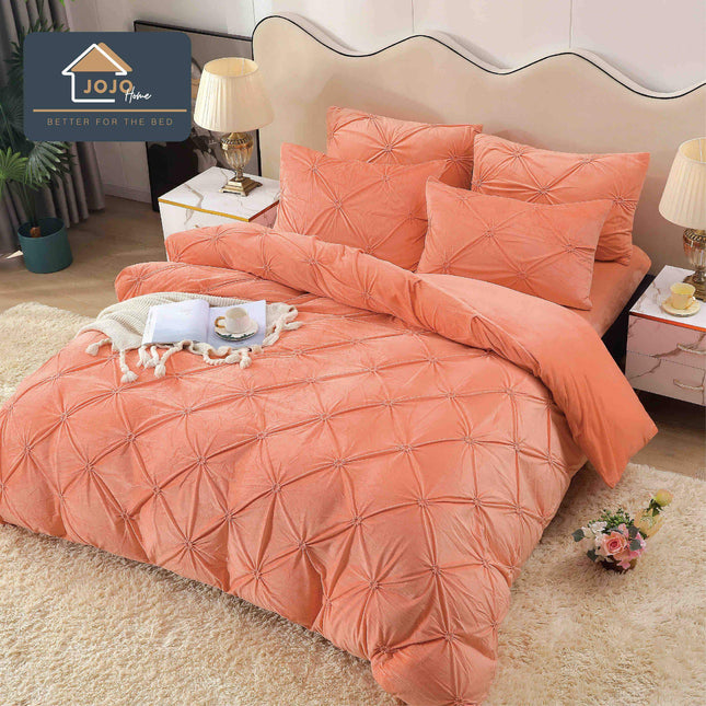Lenjerie Pat Dublu din Catifea,Brodata cu Pliuri -Premium Deluxe - Roz Piersica - Casa Super