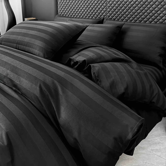 Lenjerie de pat Damasc 100% Bumbac 6 Piese, Cearsaf cu Elastic, Negru