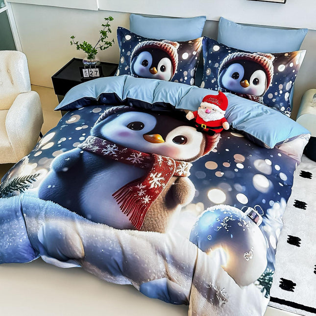 Lenjerie de Pat Bumbac Finet 6 Piese cu Elastic Model 5D Model Crăciun - Bucuria Pinguinului