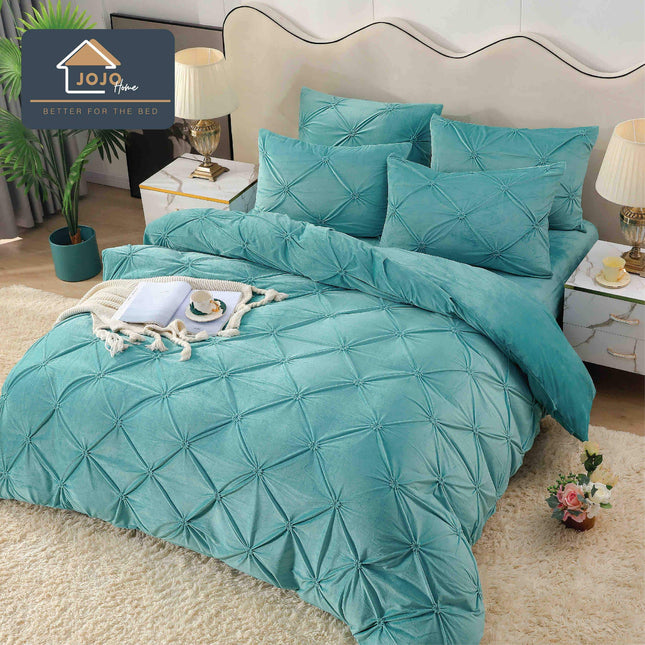 Lenjerie Pat Dublu din Catifea,Brodata cu Pliuri -Premium Deluxe - Turcoaz - Casa Super