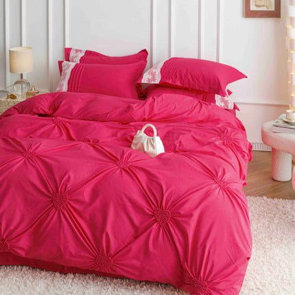 Lenjerie de Pat Dublu,Bumbac Finet, Inimi Brodate,6 piese Magenta - Casa Super
