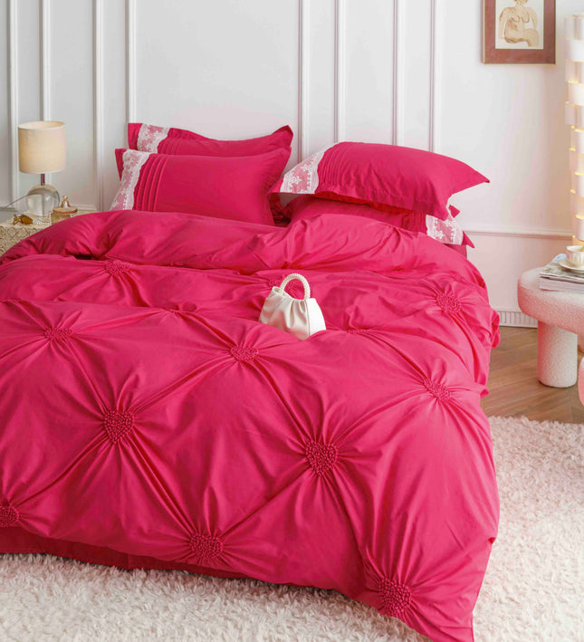 Lenjerie de Pat Dublu,Bumbac Finet, Inimi Brodate,6 piese Magenta - Casa Super