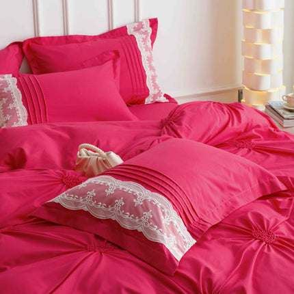 Lenjerie de Pat Dublu,Bumbac Finet, Inimi Brodate,6 piese Magenta - Casa Super