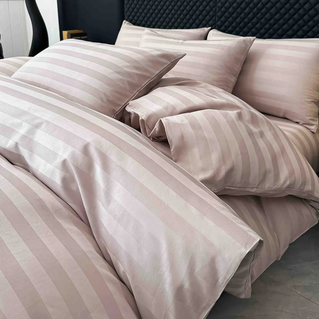 Lenjerie de pat Damasc 100% Bumbac 6 Piese, Cearsaf cu Elastic, Champagne