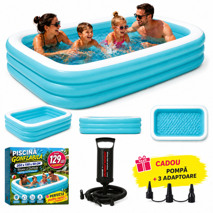 Piscina Gonflabila Family Pool XXL 201x150x51 Cm + Pompa cu 3 adaptoare Cadou