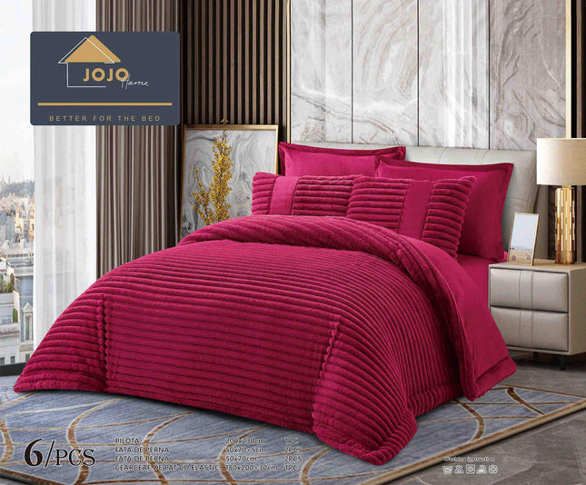 Set PREMIUM Pilota Pufoasa Cocolino, din Blanita artificiala de Iepure 6 Piese 200x230 cm,Bordo Rubin - Casa Super