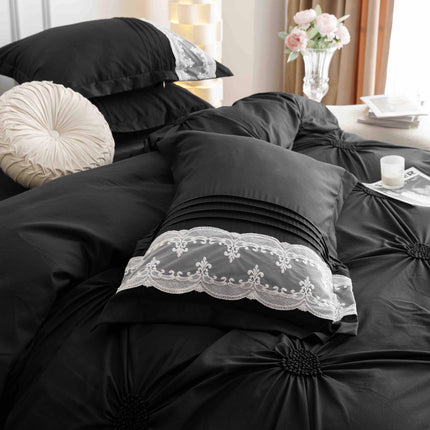 Lenjerie de Pat Dublu,Bumbac Finet, Inimi Brodate,6 piese Negru Onix - Casa Super