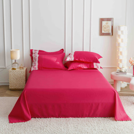 Lenjerie de Pat Dublu,Bumbac Finet, Inimi Brodate,6 piese Magenta - Casa Super