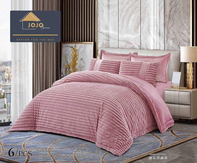 Set PREMIUM Pilota Pufoasa Cocolino, din Blanita artificiala de Iepure 6 Piese 200x230 cm,Roz Perlat - Casa Super