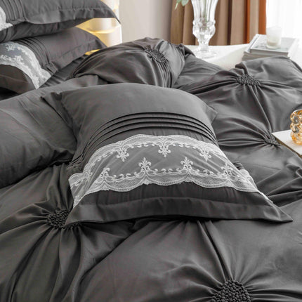 Lenjerie de Pat Dublu,Bumbac Finet, Inimi Brodate,6 piese Gri Antracit - Casa Super